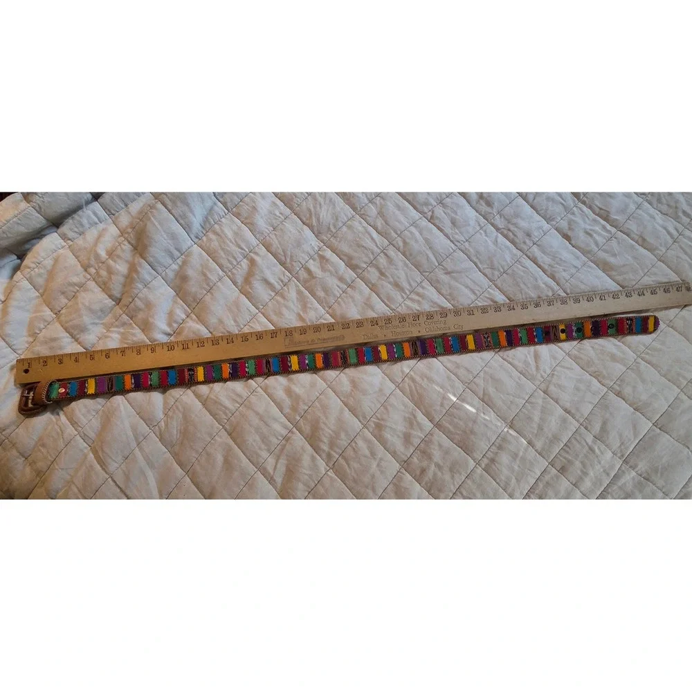 Colorblock Woven Textile Belt Unisex 38 Multicolor Boho Leather Trim